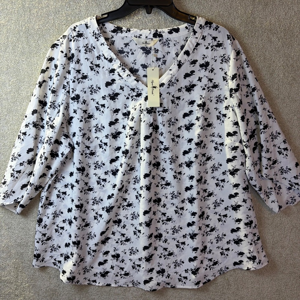 Agnes Orinda Blouse Women 2X White Black Floral V-Neck‎ 3/4 Sleeve Plus Size Top